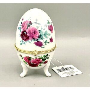 Porcelain Egg Trinket Box 3.5” Rose Footed Hinged Hand-painted Keepsake Vintage